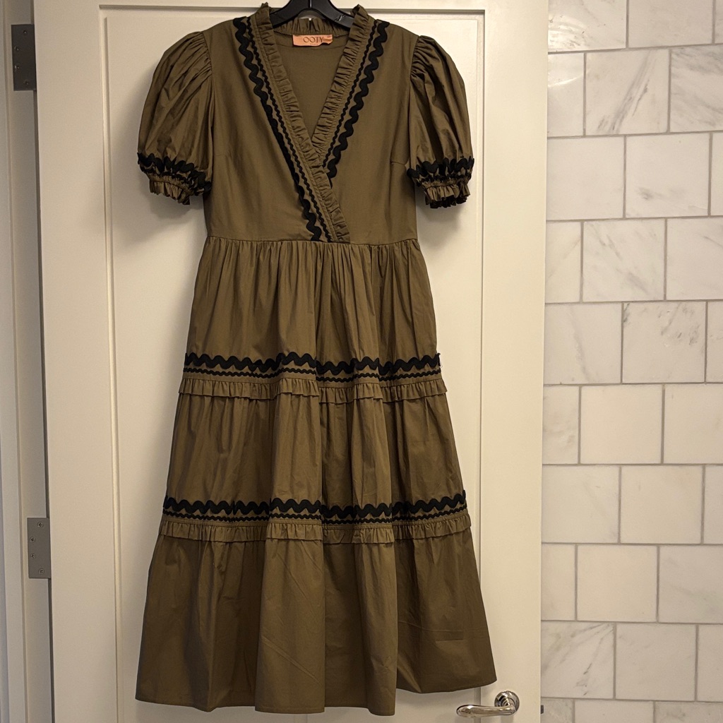 Elegant Olive Green Dress With Black Rickrack Trim